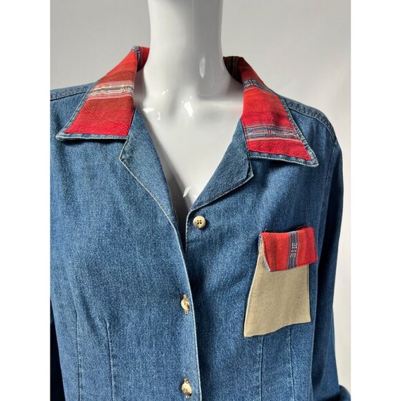 Vintage Denim Shirt With Red Plaid Collar & Pocket Button-Up Size M/L By Thoma 1 - Picture 5 of 16